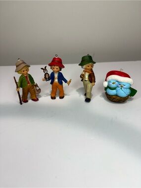 Vintage Christmas Ornament Lot Children Boy Figurines Blue Birds Santa Hat 4pc
